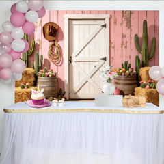 Lofaris Toile de fond de photographie western rustique avec porte de grange et cactus, arrière-plan rose délavé pour studio photo