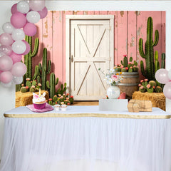 Lofaris Toile de fond de photographie western rose avec cactus et porte de grange, arrière-plan rustique pour studio photo ou événement country