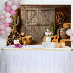 Lofaris Toile de fond de photographie western avec porte de grange bois cactus et foin, rustique pour studio photo et fête à thème cowboy