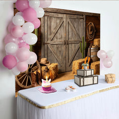 Lofaris Toile de fond de photographie western avec porte de grange bois cactus et foin, rustique pour studio photo et fête à thème cowboy