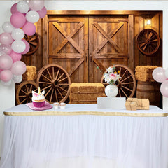 Lofaris Toile de fond de photographie rustique grange en bois et roues de chariot, magnifique décor de studio pour portrait et scène de ferme
