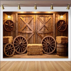 Lofaris Toile de fond de photographie rustique grange en bois et roues de chariot, magnifique décor de studio pour portrait et scène de ferme