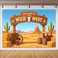 Lofaris Toile de fond western désert avec panneau et cactus, arrière-plan pour fête à thème Far West ou studio photo