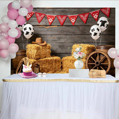 Lofaris Toile de fond de photographie western avec ballons vache et foin, authentique arrière-plan de ferme pour studio ou fête à thème