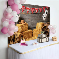 Lofaris Toile de fond de photographie western avec ballons vache et foin, authentique arrière-plan de ferme pour studio ou fête à thème