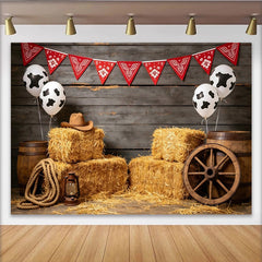 Lofaris Toile de fond de photographie western avec ballons vache et foin, authentique arrière-plan de ferme pour studio ou fête à thème