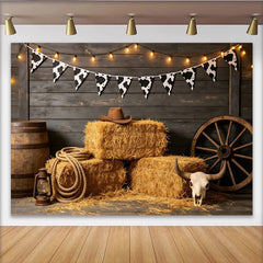 Lofaris Toile de fond de photographie western avec guirlande imprimé vache, arrière-plan rustique pour studio photo et décor de fête cowboy