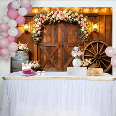 Lofaris Toile de fond de photographie rustique florale pour mariage et portraits, arrière-plan de grange avec lumières et roue de chariot