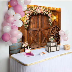 Lofaris Toile de fond de photographie rustique florale pour mariage et portraits, arrière-plan de grange avec lumières et roue de chariot