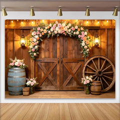 Lofaris Toile de fond de photographie rustique florale pour mariage et portraits, arrière-plan de grange avec lumières et roue de chariot