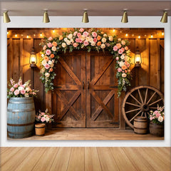 Lofaris Toile de fond de mariage rustique avec arche florale, élégant arrière-plan de grange avec lumières pour événements et photos