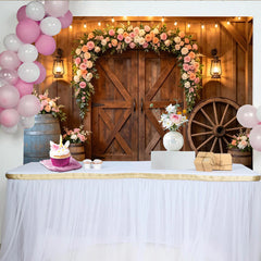 Lofaris Toile de fond de photographie grange fleurie avec arche de roses et lumières, arrière-plan rustique pour studio photo et mariage