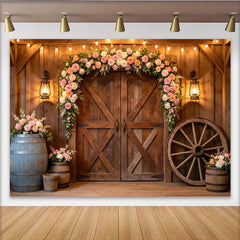 Lofaris Toile de fond de photographie grange fleurie avec arche de roses et lumières, arrière-plan rustique pour studio photo et mariage