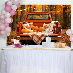 Lofaris Toile de fond d'automne avec camion vintage orange et citrouilles, magnifique arrière-plan de récolte pour séance photo de saison