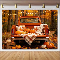 Lofaris Toile de fond d'automne avec camion vintage orange et citrouilles, magnifique arrière-plan de récolte pour séance photo de saison