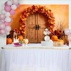 Lofaris Toile de fond d'automne porte en bois feuilles d'érable et citrouilles, chaleureux pour studio photo ou célébration d'automne