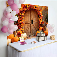 Lofaris Toile de fond de photographie automne feuilles et citrouilles, arrière-plan rustique avec porte en bois pour décor de récolte