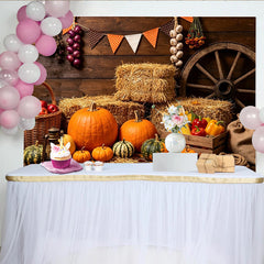 Lofaris Toile de fond de Thanksgiving rustique avec citrouilles et balles de foin, magnifique décor de récolte pour séance photo d'automne