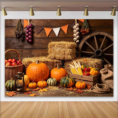 Lofaris Toile de fond de Thanksgiving rustique avec citrouilles et balles de foin, magnifique décor de récolte pour séance photo d'automne