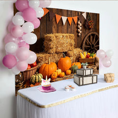 Lofaris Toile de fond d'automne rustique avec citrouilles et bottes de foin, décor de ferme pour la récolte et Thanksgiving