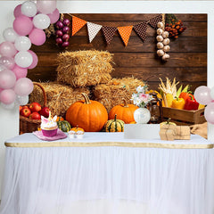 Lofaris Toile de fond de Thanksgiving rustique avec citrouilles et bottes de foin, décor de récolte d'automne pour studio photo et fête