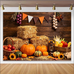 Lofaris Toile de fond de Thanksgiving rustique avec citrouilles et bottes de foin, décor de récolte d'automne pour studio photo et fête