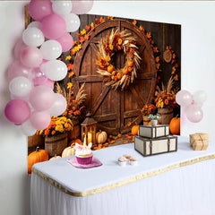 Lofaris Toile de fond d'automne rustique avec citrouilles et feuilles d'érable, magnifique décor de récolte avec couronne et fleurs