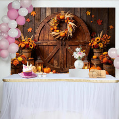 Lofaris Toile de fond d'automne rustique avec citrouilles et porte de grange, décor de récolte chaleureux pour studio photo et célébration