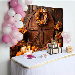 Lofaris Toile de fond d'automne rustique avec citrouilles et porte de grange, décor de récolte chaleureux pour studio photo et célébration