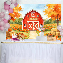 Lofaris Toile de fond d'automne champ de citrouilles avec grange rouge, magnifique arrière-plan de récolte pour Halloween ou Thanksgiving