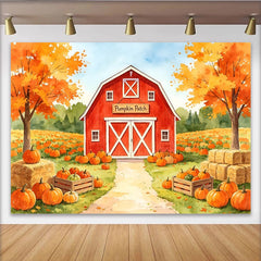 Lofaris Toile de fond d'automne champ de citrouilles avec grange rouge, magnifique arrière-plan de récolte pour Halloween ou Thanksgiving