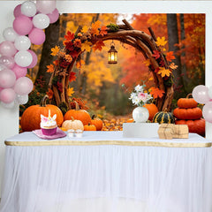 Lofaris Toile de fond d'automne avec arche rustique, citrouilles et feuilles colorées, décor de récolte pour séance photo et événement