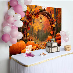 Lofaris Toile de fond d'automne avec arche rustique, citrouilles et feuilles colorées, décor de récolte pour séance photo et événement