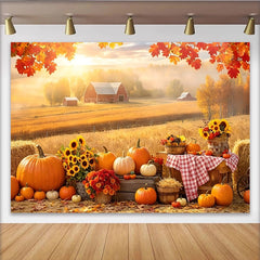 Lofaris Toile de fond d'automne rustique avec citrouilles et grange rouge, magnifique décor de récolte pour séance photo de famille