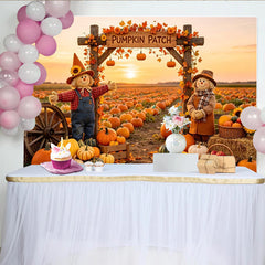 Lofaris Toile de fond d'automne avec champ de citrouilles et épouvantails, magnifique arrière-plan pour photographie de récolte et fête