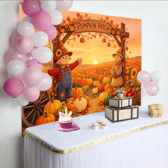Lofaris Toile de fond de champ de citrouilles avec épouvantails et feuilles d'automne, décor rustique pour la récolte et séance photo