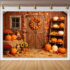 Lofaris Toile de fond d'automne rustique grange avec citrouilles et feuilles, magnifique décor de récolte pour studio photo et fête de saison