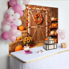Lofaris Toile de fond d'automne rustique citrouilles et feuilles, décor de porte de grange pour studio photo et Thanksgiving