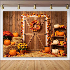 Lofaris Toile de fond d'automne rustique citrouilles et feuilles, décor de porte de grange pour studio photo et Thanksgiving