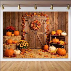 Lofaris Toile de fond de photographie d'automne rustique avec citrouilles, feuilles d'érable et bottes de foin pour studio