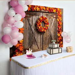 Lofaris Toile de fond automne feuilles d'érable et porte en bois rustique, magnifique arrière-plan pour studio photo professionnel
