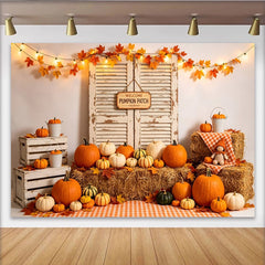 Lofaris Toile de fond d'automne avec citrouilles et volets rustiques, arrière-plan de récolte chaleureux pour studio photo ou fête