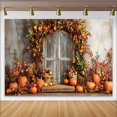 Lofaris Toile de fond d'automne avec porte en bois rustique et citrouilles, feuilles colorées, arrière-plan de récolte pour studio photo