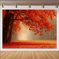 Lofaris Toile de fond de photographie paysage d'automne avec feuilles rouges et forêt brumeuse, magnifique arrière-plan pour studio photo