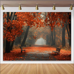 Lofaris Magnifique toile de fond de photographie paysage d'automne avec feuilles rouges, arrière-plan naturel brumeux pour studio photo