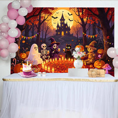 Lofaris Toile de fond d'Halloween avec château hanté, citrouilles et personnages amicaux, décor de fête pour studio photo