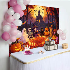 Lofaris Toile de fond d'Halloween avec château hanté, citrouilles et personnages amicaux, décor de fête pour studio photo