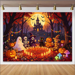 Lofaris Toile de fond d'Halloween avec château hanté, citrouilles et personnages amicaux, décor de fête pour studio photo
