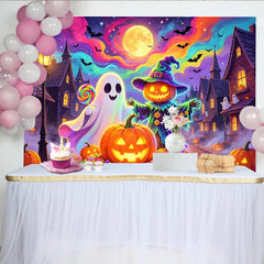 Lofaris Toile de fond d'Halloween colorée avec fantôme et citrouilles, arrière-plan de fête magique pour enfants et studio photo