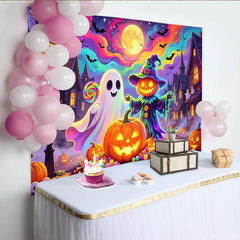 Lofaris Toile de fond d'Halloween colorée avec fantôme et citrouilles, arrière-plan de fête magique pour enfants et studio photo